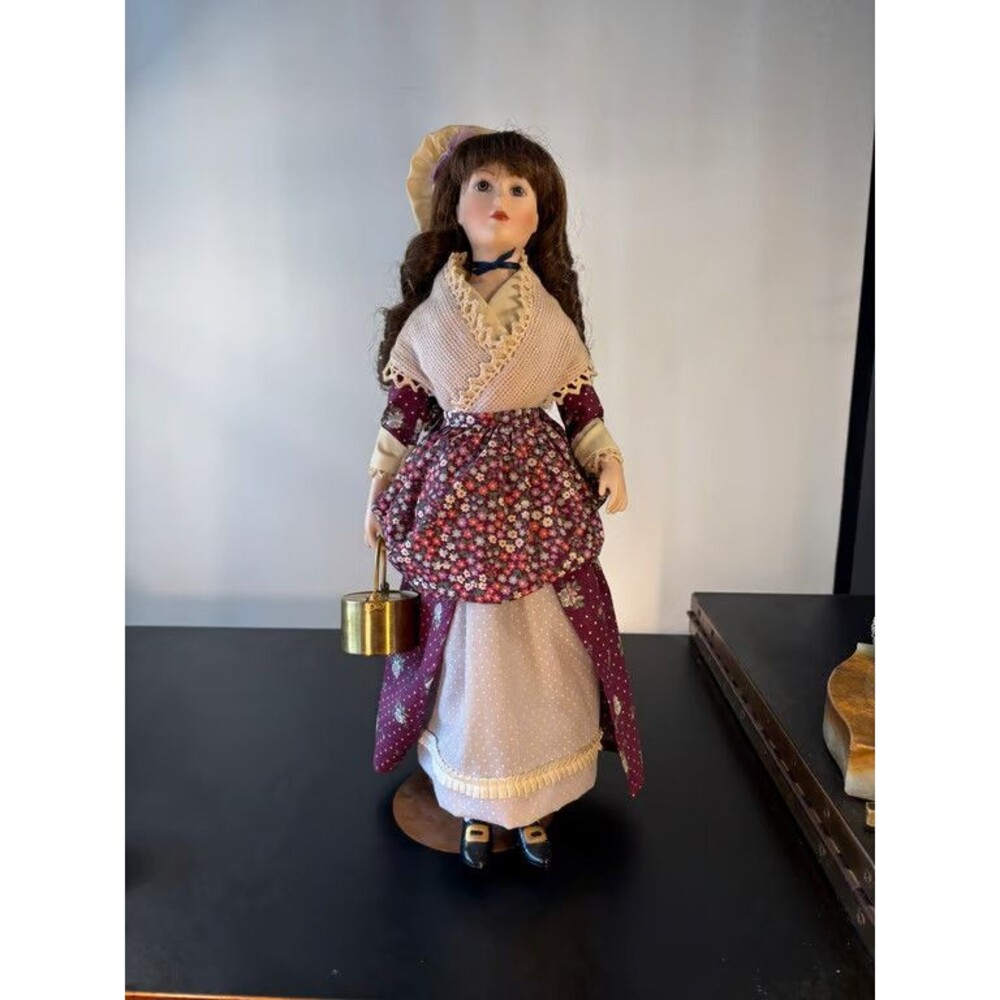 Porcelain Doll Colonial Girl Mob Cap Shawl Burgundy Skirt Brass Pail on Stand